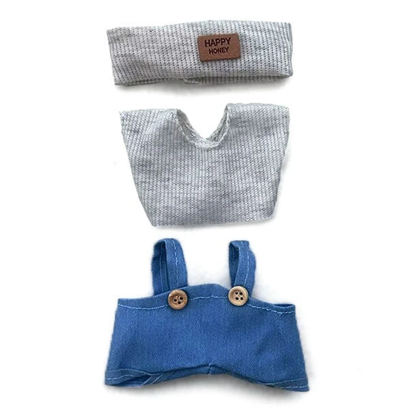 Outfit: Blue Denim Overalls & Knit Grey Top w/ Matching Headband for Dolls - Petite Threads