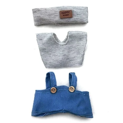 Outfit: Blue Denim Overalls & Knit Grey Top w/ Matching Headband for Dolls - Petite Threads