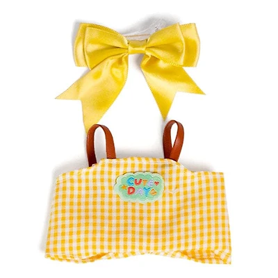 Outfit: Yellow Gingham Print Overalls & Bow for Dolls - Petite Threads