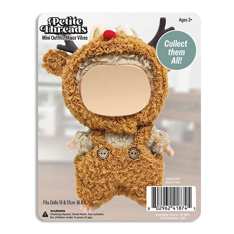 Outfit: Plush Reindeer Overalls & Matching Hat for Dolls - Petite Threads