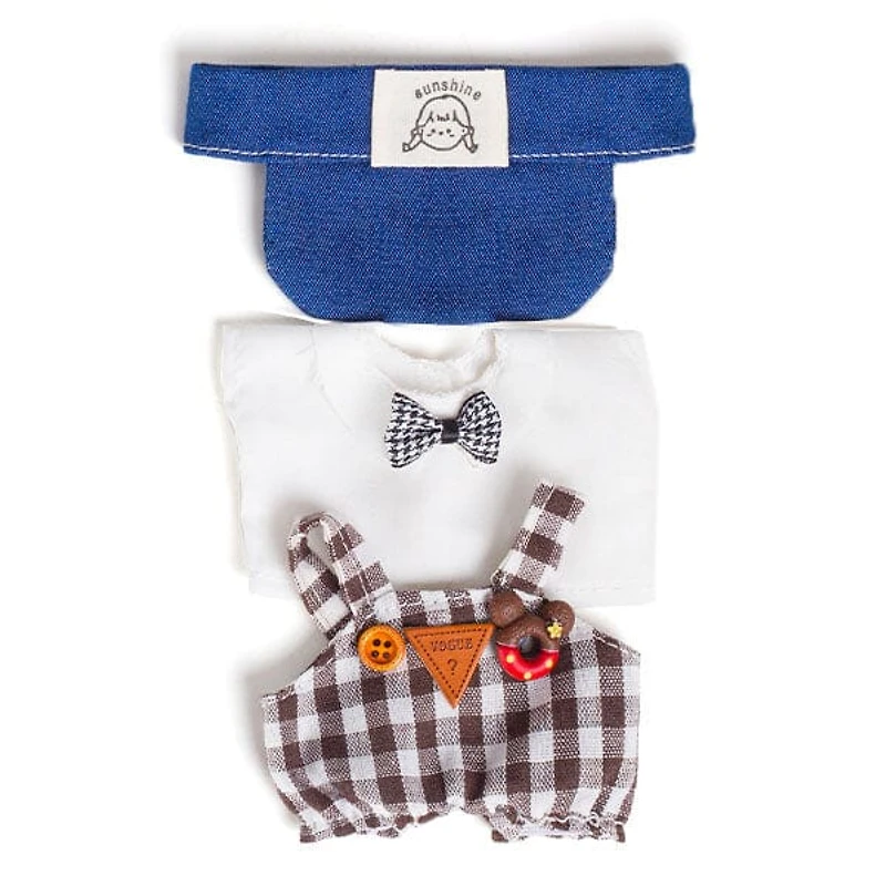 Outfit: Checkered Overalls & Matching Bowtie w/ Denim Visor for Dolls - Petite Threads