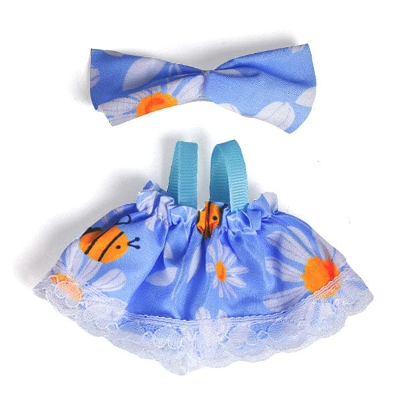 Outfit: Blue Bee Print Dress & Bow for Dolls - Petite Threads