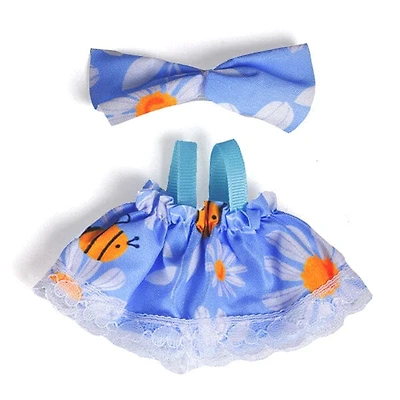 Outfit: Blue Bee Print Dress & Bow for Dolls - Petite Threads