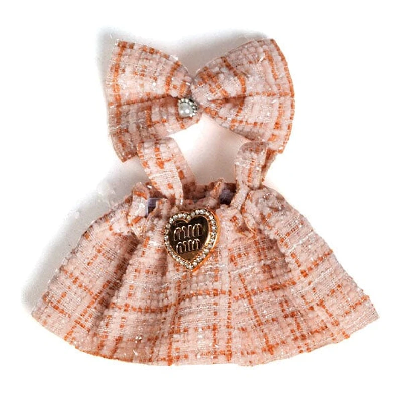 Outfit: Tan Plaid Dress & Matching Hair Bow for Dolls - Petite Threads
