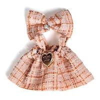 Outfit: Tan Plaid Dress & Matching Hair Bow for Dolls - Petite Threads