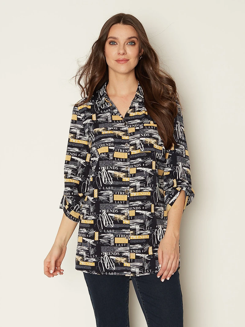3/4-sleeve semi-fitted tunic length blouse with buttons