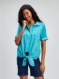 Short-sleeve loose blouse with buttons