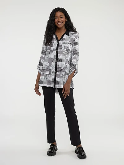 3/4-sleeve loose tunic length blouse with buttons