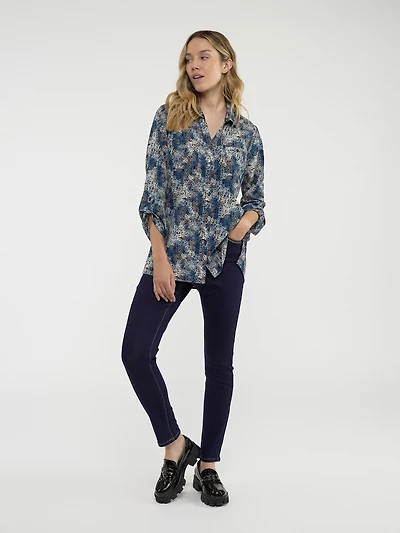 3/4-sleeve loose tunic length blouse with buttons