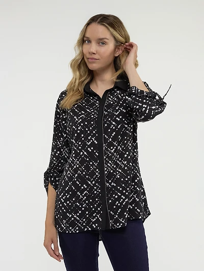 3/4-sleeve semi-fitted tunic length blouse with buttons