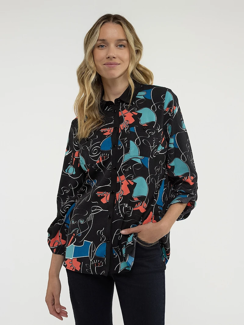 3/4-sleeve loose tunic length blouse with buttons
