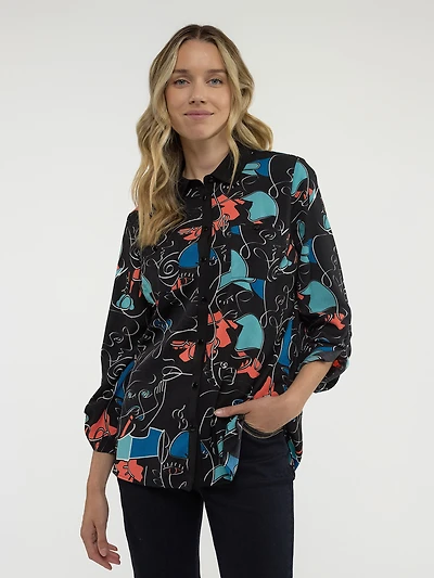 3/4-sleeve loose tunic length blouse with buttons