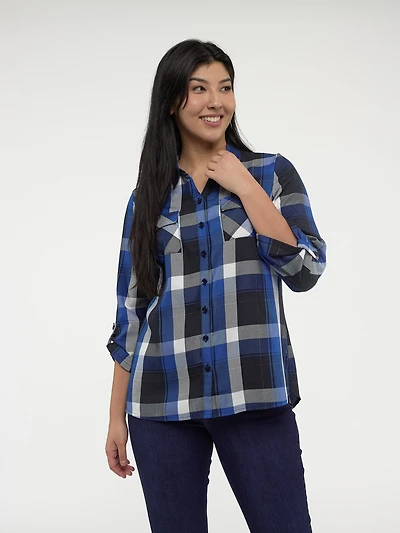 3/4-sleeve loose tunic length blouse with buttons