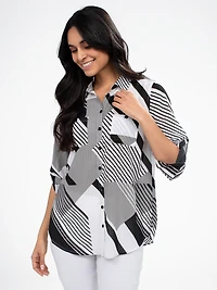 3/4-sleeve semi-fitted tunic length blouse with buttons