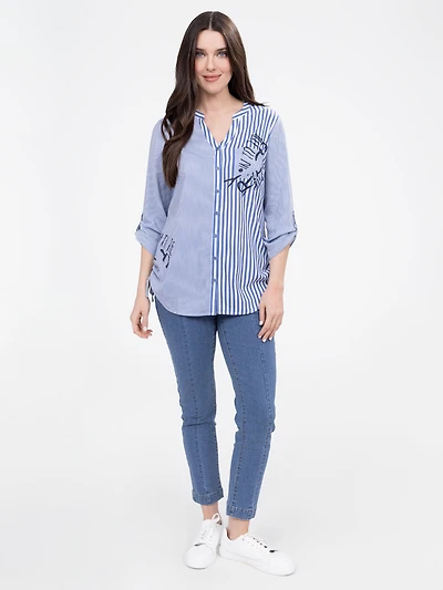 3/4-sleeve loose tunic length blouse with buttons