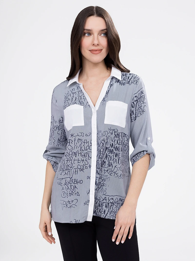 3/4-sleeve semi-fitted blouse with buttons