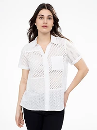 Short-sleeve loose blouse with buttons