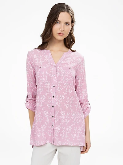 3/4-sleeve loose tunic length blouse with buttons