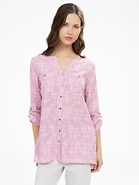 3/4-sleeve loose tunic length blouse with buttons