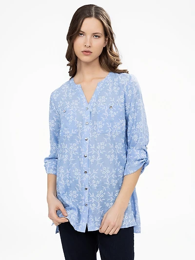 3/4-sleeve loose tunic length blouse with buttons