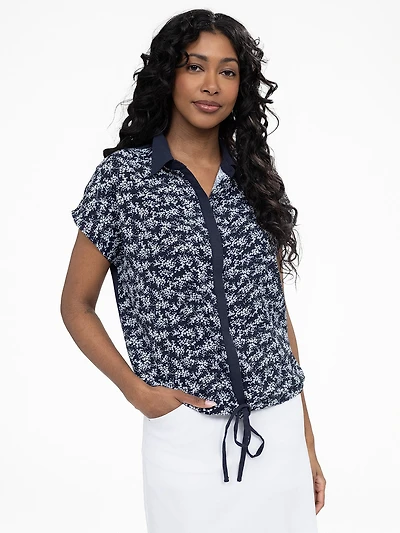 Short-sleeve loose blouse with buttons