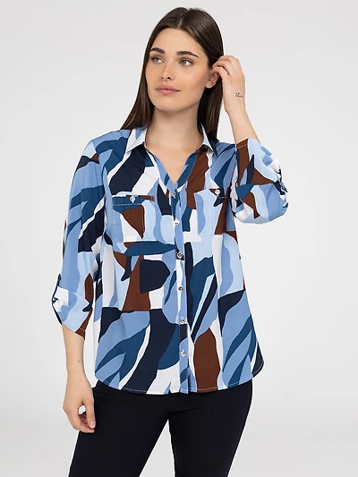 Blouse longueur tunique semi-ajustée à manches 3/4 avec boutons