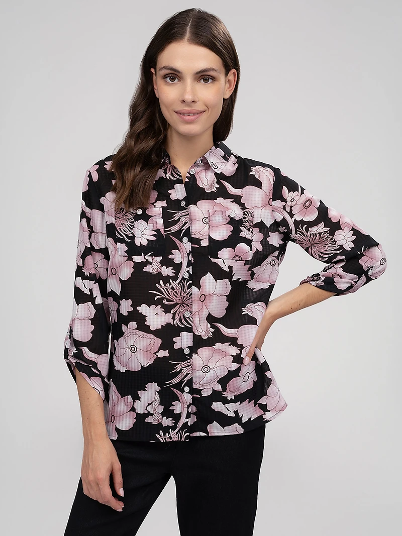 Blouse longueur tunique semi-ajustée à manches 3/4 avec boutons