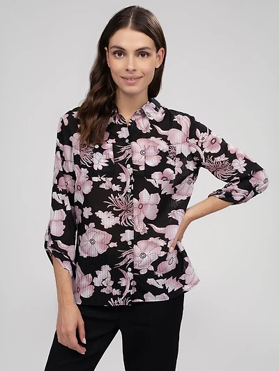 Blouse longueur tunique semi-ajustée à manches 3/4 avec boutons