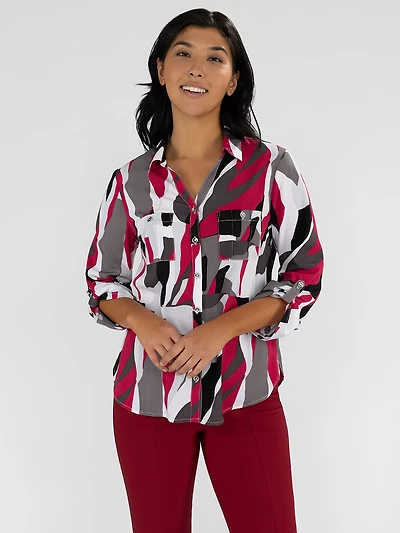 3/4-sleeve semi-fitted tunic length blouse with buttons