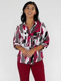 3/4-sleeve semi-fitted tunic length blouse with buttons