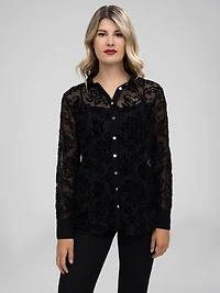 Long-sleeve tunic length blouse with buttons