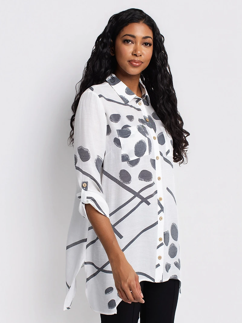 3/4-sleeve loose tunic length blouse with buttons