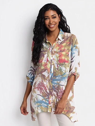 3/4-sleeve loose tunic length blouse with buttons