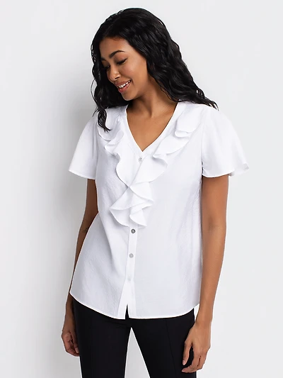Short-sleeve loose blouse with buttons