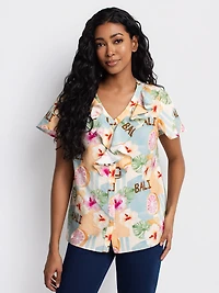Short-sleeve loose blouse with buttons