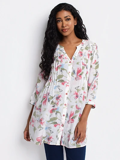 Blouse longueur tunique ample à manches 3/4 avec boutons
