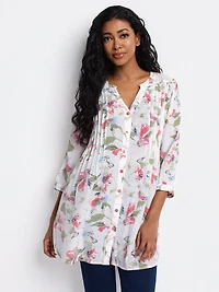 Blouse longueur tunique ample à manches 3/4 avec boutons