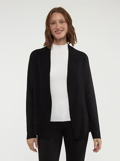 Long-sleeve semi-fitted open knit cardigan