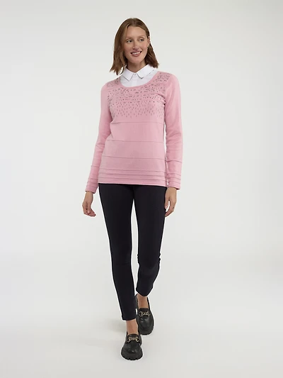 Long-sleeve semi-fitted fooler pullover weater