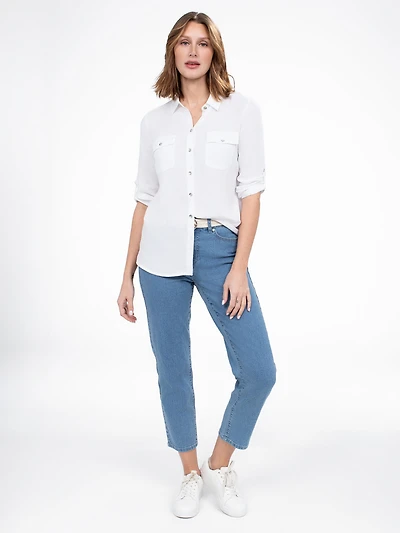 3/4-sleeve semi-fitted blouse with buttons