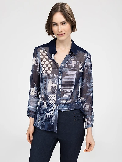 3/4-sleeve semi-fitted blouse with buttons
