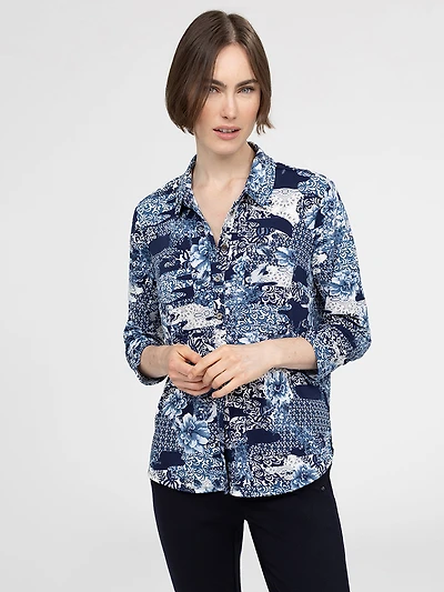 3/4-sleeve semi-fitted blouse with buttons