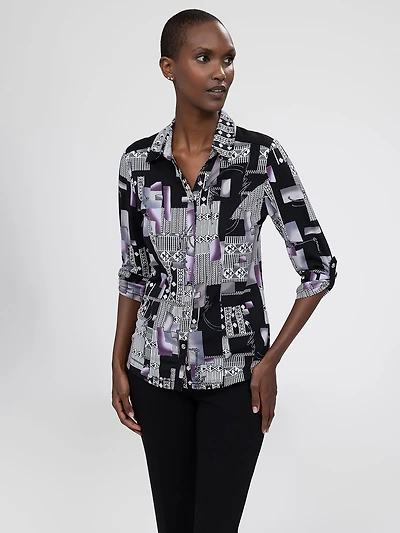 3/4-sleeve semi-fitted blouse with buttons
