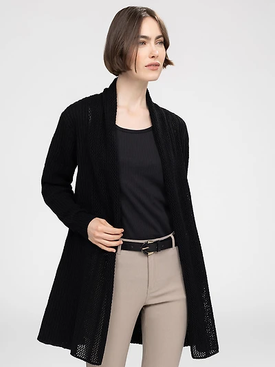 Long-sleeve semi-fitted open knit cardigan