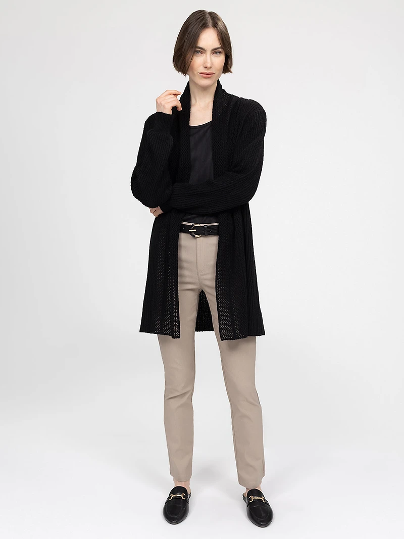 Long-sleeve semi-fitted open knit cardigan