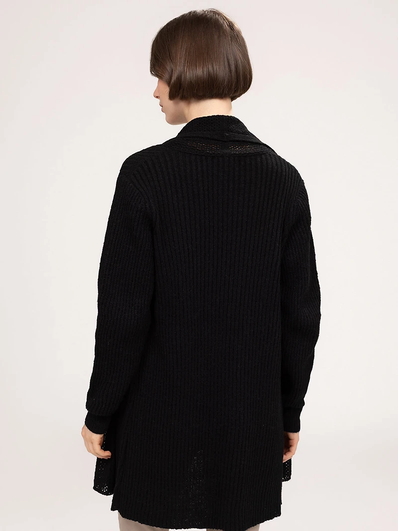 Long-sleeve semi-fitted open knit cardigan
