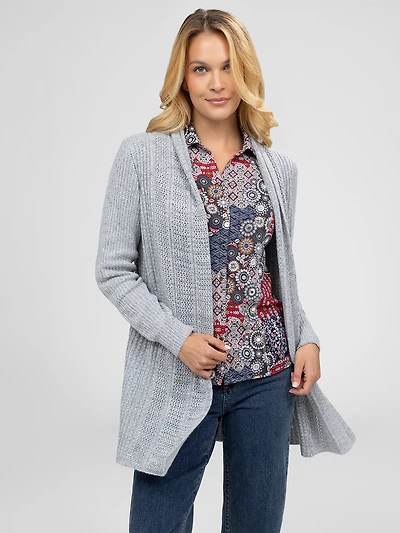 Long-sleeve semi-fitted open knit cardigan