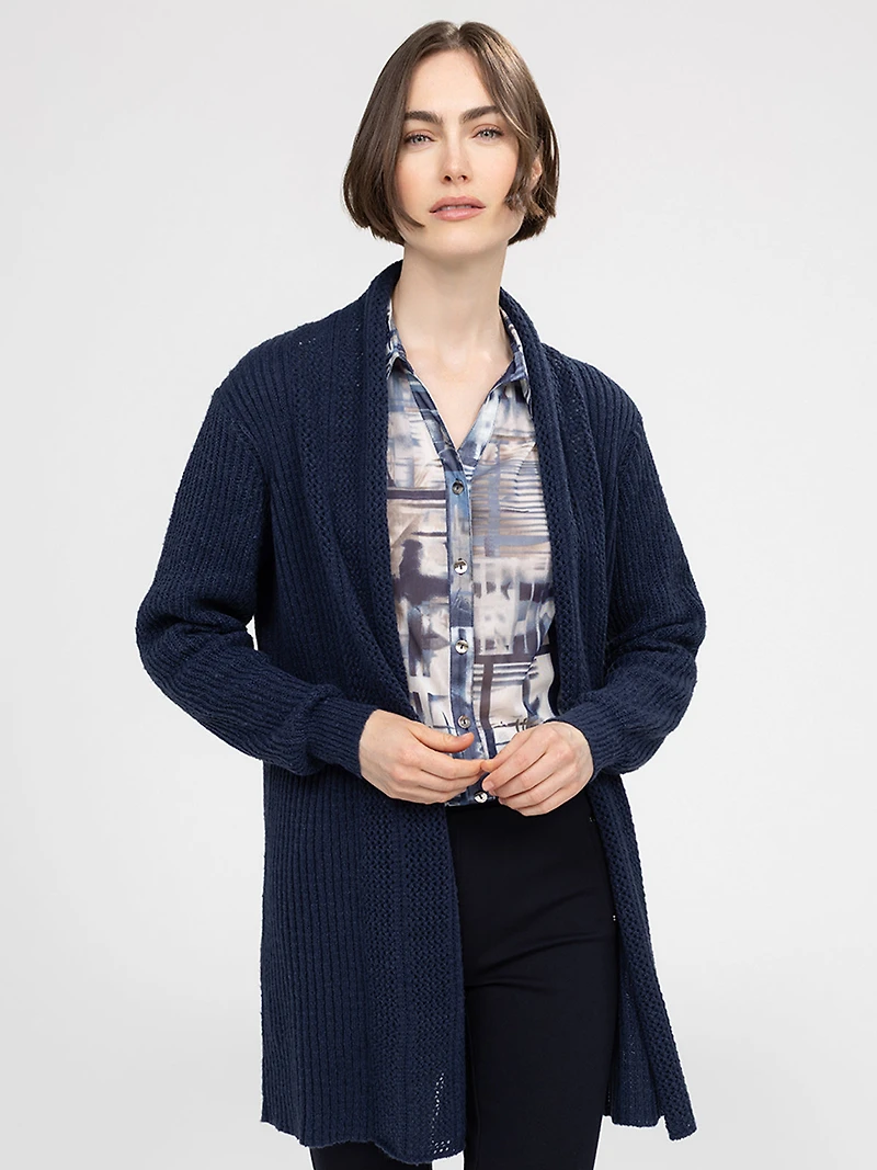 Long-sleeve semi-fitted open knit cardigan