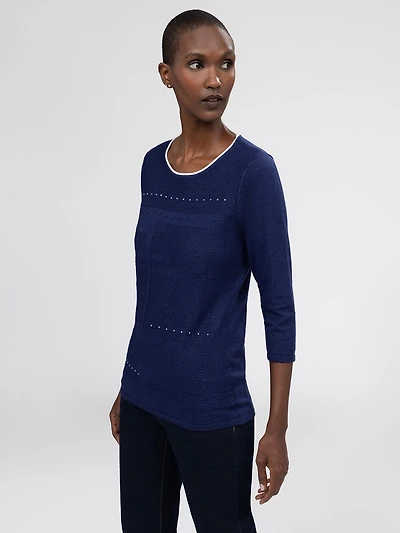 3/4-sleeve semi-fitted pullover sweater