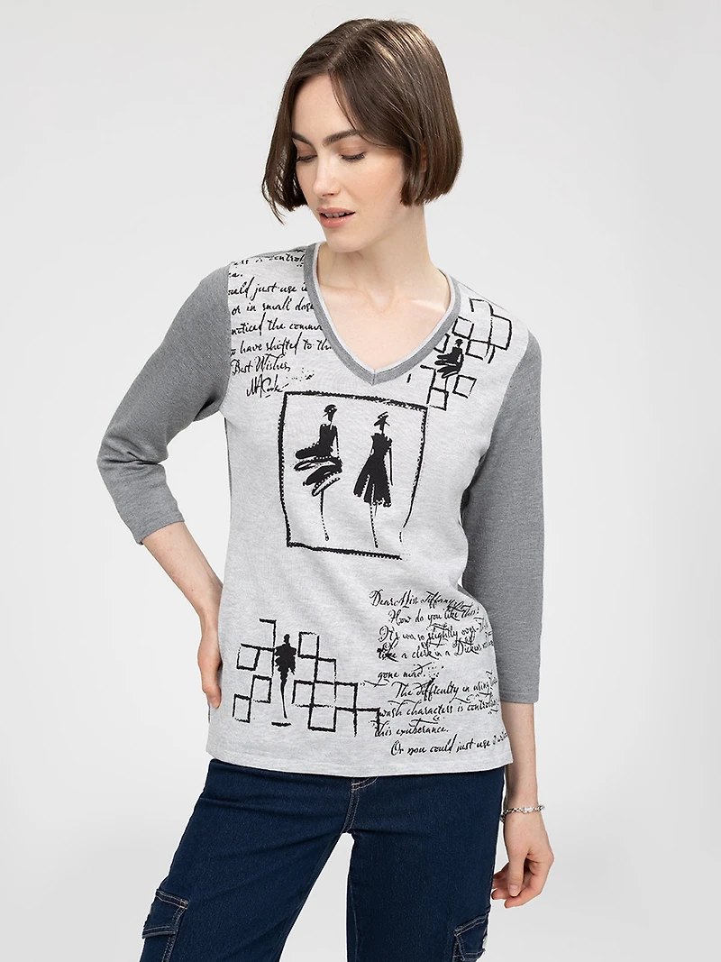 3/4-sleeve semi-fitted pullover sweater